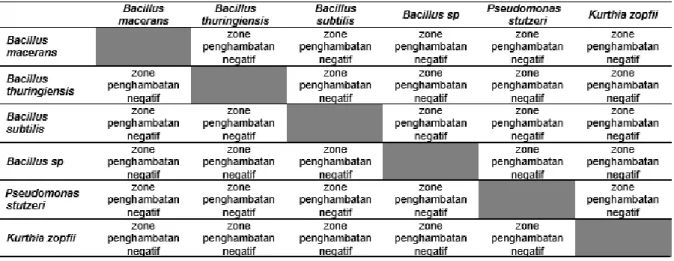 Tabel 1. Hasil Uji Antagonis 6 jenis Bakteri 