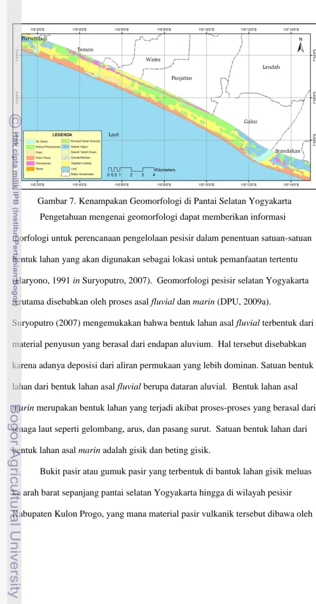 Gambar 7. Kenampakan Geomorfologi di Pantai Selatan Yogyakarta  Pengetahuan mengenai geomorfologi dapat memberikan informasi  morfologi untuk perencanaan pengelolaan pesisir dalam penentuan satuan-satuan  bentuk lahan yang akan digunakan sebagai lokasi unt