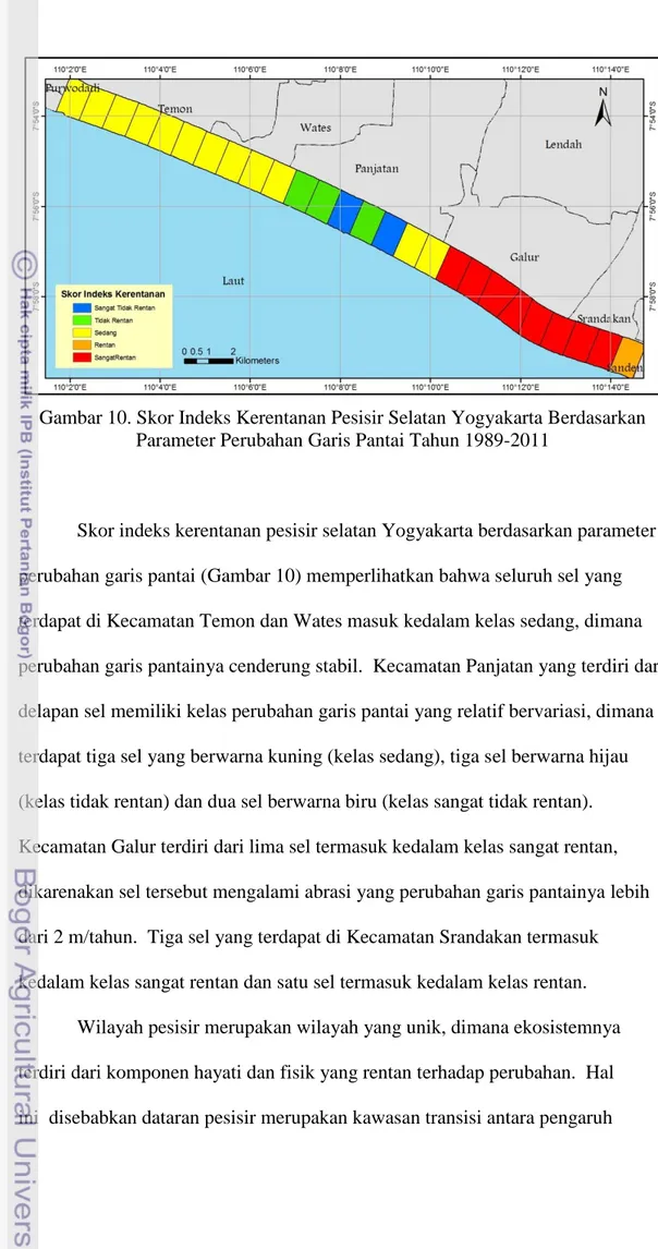 Gambar 10. Skor Indeks Kerentanan Pesisir Selatan Yogyakarta Berdasarkan  Parameter Perubahan Garis Pantai Tahun 1989-2011 