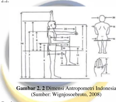 Gambar 2. 2 Dimensi Antropometri Indonesia  (Sumber: Wignjosoebroto, 2008)  Keterangan Gambar:  