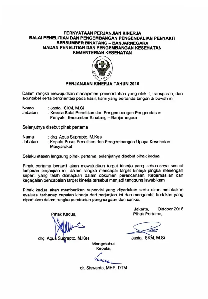 Gambar 2.3 Pernyataan Perjanjian Kinerja Balai Litbang P2B2 Banjarnegara Tahun 2016  Setelah Revisi 