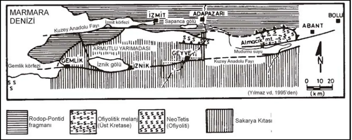 Şekil 2.1 İnceleme alanı ve yakın dolaylarının tektonik birliklerini gösteren harita  (Yılmaz vd., 1995) 
