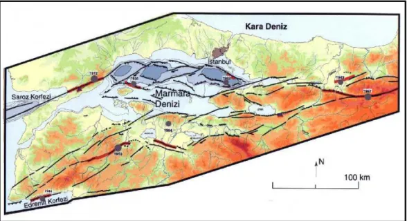 Şekil 3.2  Kuzey Anadolu Fay Zonu’nun Marmara Bölgesi’ndeki kollarının dağılımı  (Barka ve Kandinsky-Cade, 1988) 