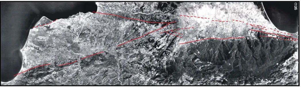 Şekil 3.10 İznik gölü ile Gemlik Körfezi arasında Gemlik Fay Zonuna ait segmentlerin hava fotoğrafı üzerinde belirlenen çizgisellikler 