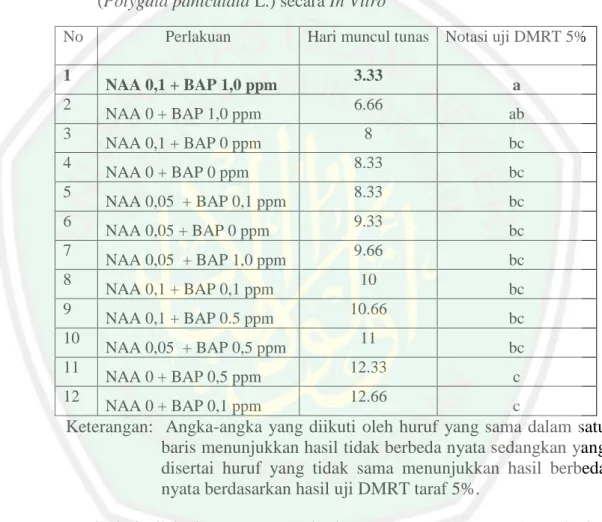 Tabel 4.2 Hasil Uji DMRT 5% Pada Hari Muncul Tunas Axilar Tanaman Balsam  (Polygala paniculata L.) secara In Vitro 