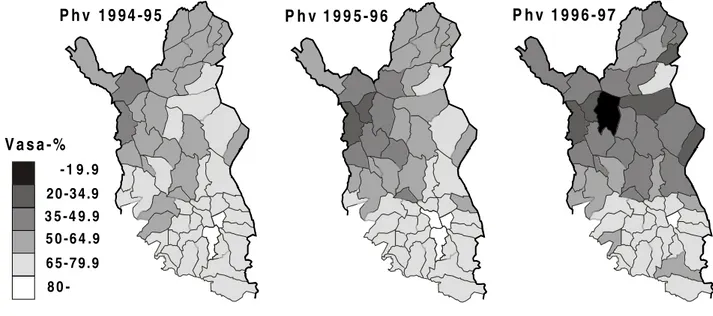 Fig. 1. Spatial distribution of calf-% in the Finnish reindeer husbandry area during reindeer herding years 1994/95-1996/97