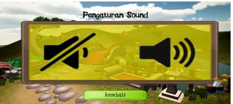 Gambar 11 akan tampil setelah pemain menekan tombol pengaturan  sound. Pada  tampilan ini pemain dapat menghidupkan atau mematikan suara pada permainan