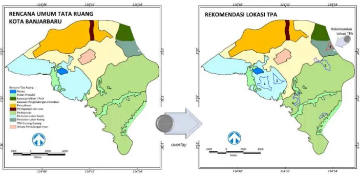 Gambar  3.  Peta Rencana Umum Tata Ruang Kota Banjarbaru dan Peta Rekomendasi Lokasi TPA  	