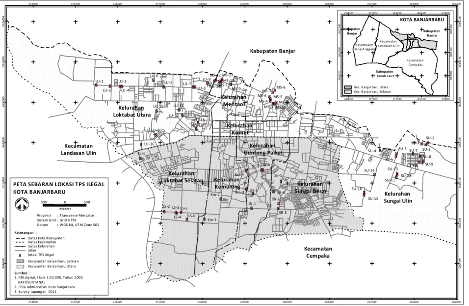 Gambar 1.  Peta sebaran lokasi TPS ilegal di Kota Banjarbaru 
