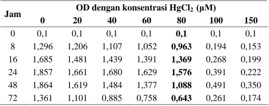 Tabel 1. Respon pertumbuhan P. stutzeri terhadap merkuri pada λ 600 nm  Jam  OD dengan konsentrasi HgCl 2   (μM) 