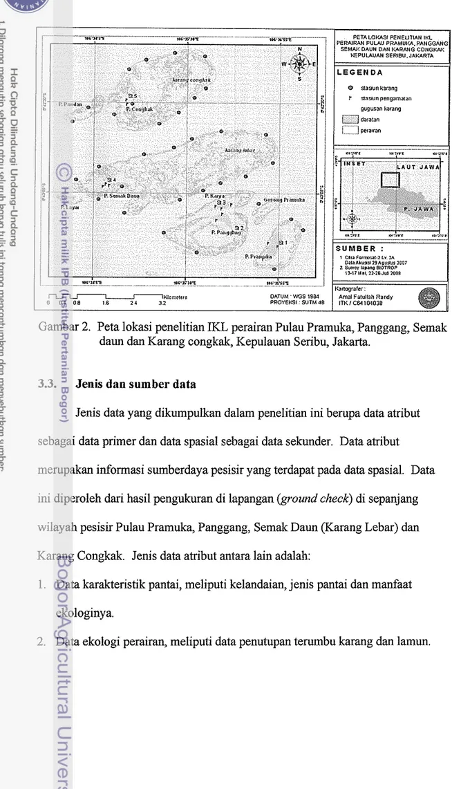 Gambar 2.  Peta lokasi penelitian IKL perairan Pulau Pramuka, Panggang, Semak  daun dan Karang congkak, Kepulauan Seribu, Jakarta
