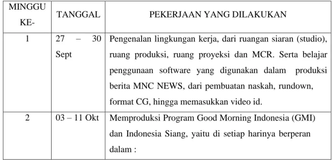 Tabel 3.1 Kegiatan yang dilakukan 