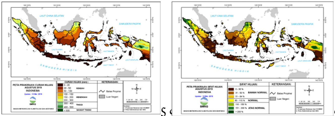 Gambar 1a &amp; 1b. Peta Prakiraan Curah dan Sifat Hujan Bulan Agustus 2019 di Indonesia 