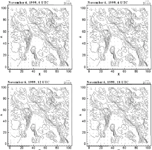 Figure 6 shows the modeled wind fields for 6 and 7 November at 12 UTC at 1606, 3129 and 5104 m ASL
