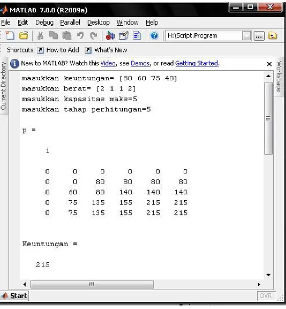 Gambar 2.3 Output Perhitungan Masalah Knapsack dengan algoritma Dynamic Programming