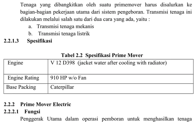 Tabel 2.2  Spesifikasi Prime Mover