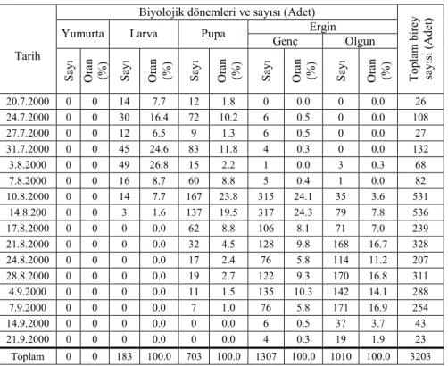 Çizelge 4. 2000 Yılında Derbent (Ilgaz Dağı Milli Parkı)'de 300 cm 2 'lik  kabuk alanında bulunan  Cryphalus piceae (Ratz.) sayısı ile biyolojik dönemleri  (1800 m ) 