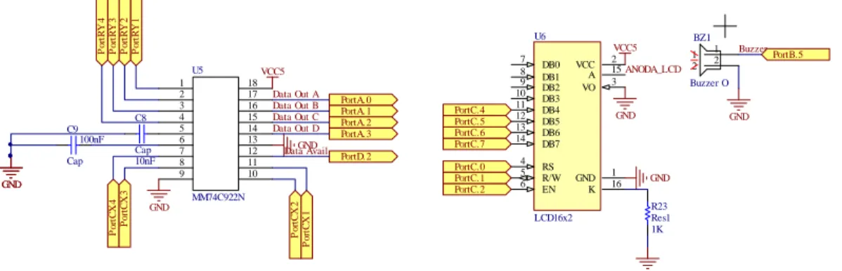 Gambar 3.7 Rangkaian LCD, Keypad dan Buzzer 