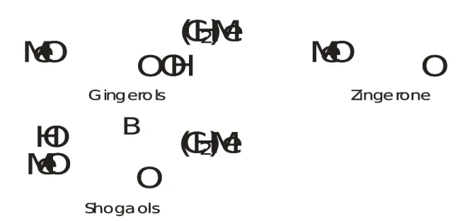 Gambar 1. Struktur kimia utama jahe adalah gingerol, shogaol dan zingeron.
