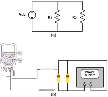 Gambar 12. a.Rangkaian paralel dua resistor  b. Rangkaian praktikum  6.  Set Power Supply (PS) pada posisi tegangan tertentu