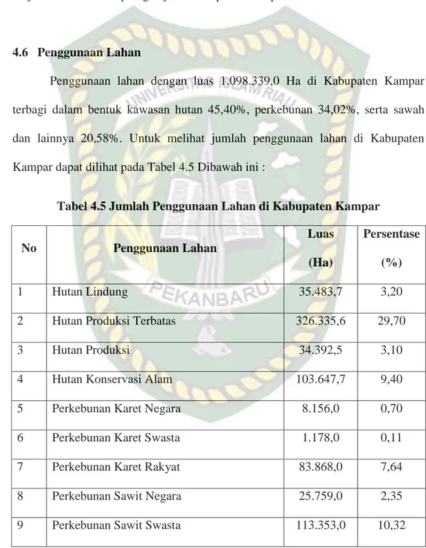 Tabel 4.5 Jumlah Penggunaan Lahan di Kabupaten Kampar 