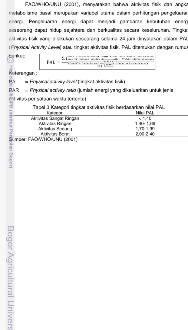 Tabel 3 Kategori tingkat aktivitas fisik berdasarkan nilai PAL