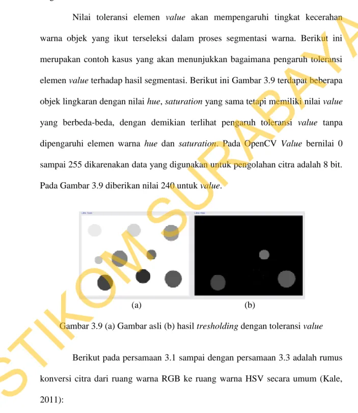 Gambar 3.9 (a) Gambar asli (b) hasil tresholding dengan toleransi value 