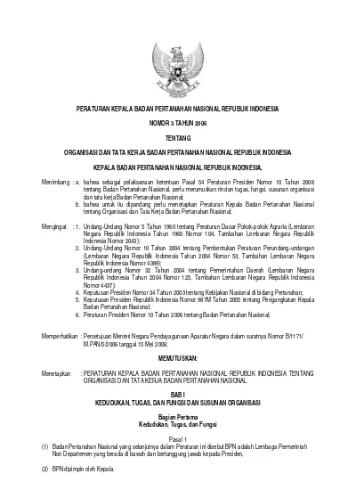 Peraturan Kepala Bpn Nomor 3 Tahun 2006 Ttg Organisasi Dan Tata Kerja Bpn