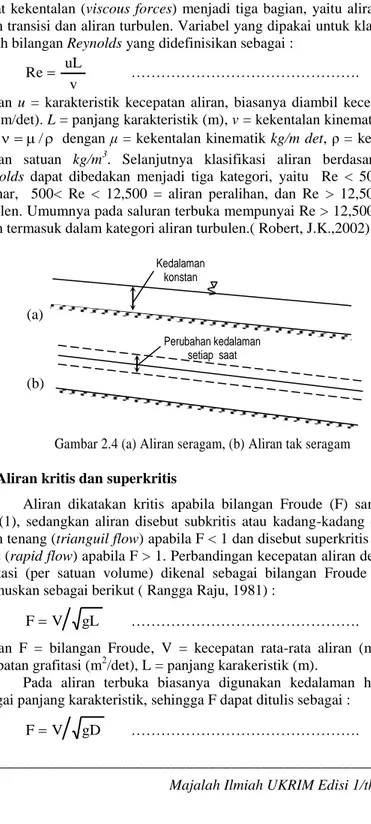 Gambar 2.4 (a) Aliran seragam, (b) Aliran tak seragam  4.  Aliran kritis dan superkritis 