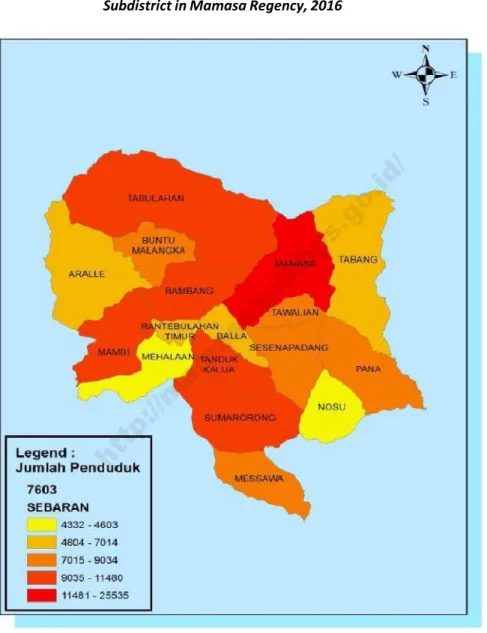 Gambar  6 Peta Distribusi dan Kepadatan Jumlah  Peta Distribusi dan Kepadatan Jumlah Penduduk Menurut Penduduk Menurut Kecamatan di Kabupaten Mamasa, 