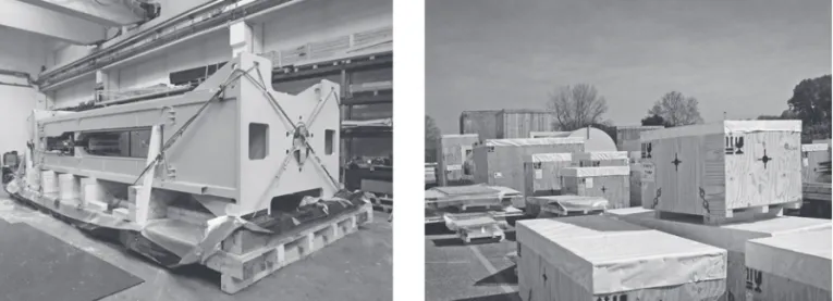 Figure 4 A heavy load industrial wood packaging (about 90 tons of payload) produced according to UNI 9151 before closing  of the case (left); industrial wood packaging ready for shipment (right)