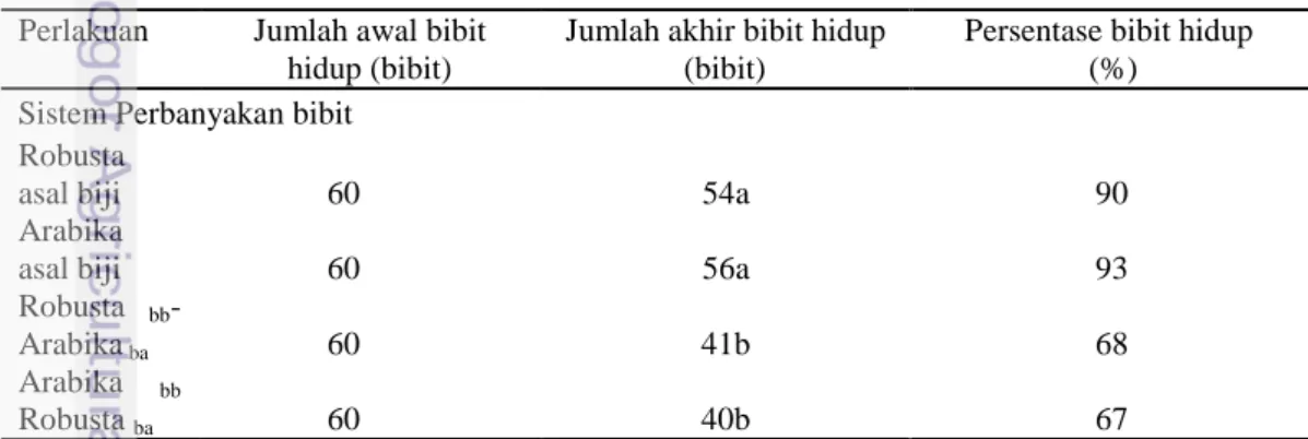Tabel 13.  Persentase bibit hidup pada 26 MSP 