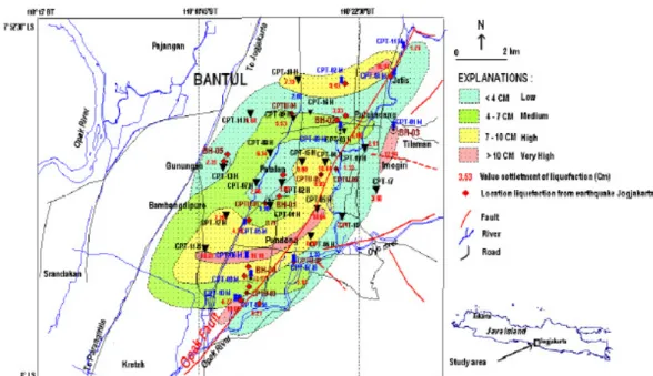 Gambar 2.7 Sebaran penurunan akibat likuifaksi di daerah Patalan, Bantul,  Yogyakarta dan sekitarnya (Soebowo dkk., 2007) 