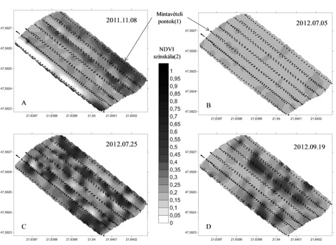 Figure 2: Weed mapping in different dates  Sampling points(1), NDVI color scale(2)