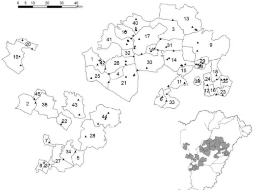 Fig. 1 The study area, the settlements (1–45) included in the dataset, and the surveyed kurgans  (marked with triangles)