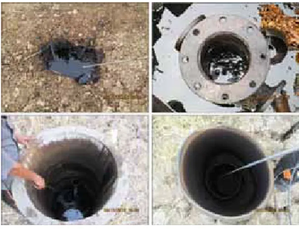 Gambar 4. Beberapa kondisi sumur minyak tua yang ma­ sih mengelurakan minyak dan yang sudah mati tertutup  tanah (Ugan Saing, November 2012).