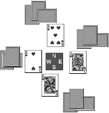 Gambar di atas adalah satu trick = empat pemain masing - -masing  telah  mengeluarkan  selembar  kartu
