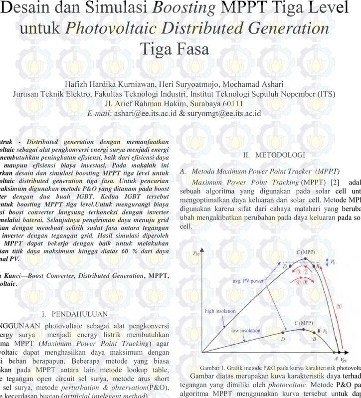 Gambar 1. Grafik metode P&amp;O pada kurva karakteristik photovoltaic  Gambar diatas merupakan kuva karakteristik daya terhadap  tegangan yang dimiliki oleh photovoltaic