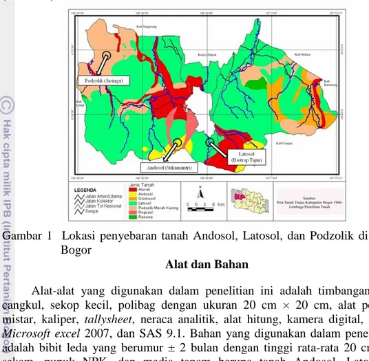 Gambar  1    Lokasi  penyebaran  tanah  Andosol,  Latosol,  dan  Podzolik  di  wilayah  Bogor  