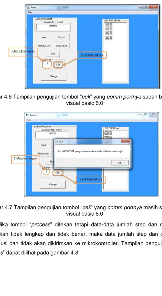 Gambar 4.7 Tampilan pengujian tombol “cek” yang comm portnya masih salah pada  visual basic 6.0 