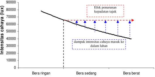 Gambar 6.   Efek  penurunan  kepadatan  tajuk  terhadap  intensitas  cahaya  yang  masuk  ke  dalam lahan 