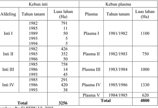 Tabel 6.  Luas Lahan dan Tahun Tanam Kebun Inti dan Kebun Plasma  PTPN VI 