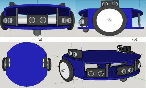 Gambar 2. Desain robot (a) Desain robot tampak depan, (b) Desain robot tampak samping,   (c) Desain robot tampak atas,(d) Desain robot tampak miring