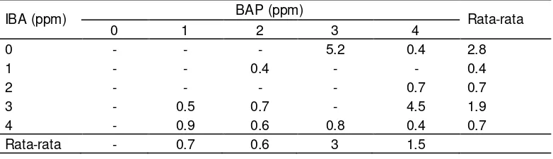 Tabel 5. Rata-rata jumlah akar  pada berbagai konsentrasi IBA dan BAP 