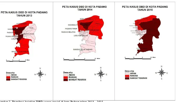 Gambar 2. Distribusi kejadian DBD secara spasial di kota Padang tahun 2013 – 2015.