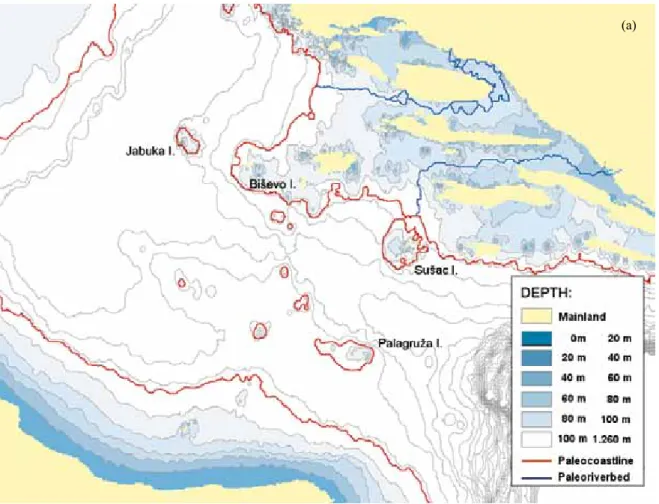 Fig.  9a  shows  the  present  coastline  of  the  central part of the Adriatic Sea. The  paleo-coast-line that was estimated by our method (having  present depth of around 115 m) is shown in Fig