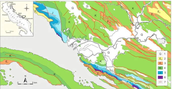 Figure 3.5. Shematic geological map of the Neretva delta plain area. 1 – Quaternary alluvial deposits; 2 – Upper  Eocene deposits (flysch); 3 – Lower Eocene limestone; 4 – Cretaceous limestones and dolomites; 5 – Jurassic  liestones and dolomites; 6 – Tria
