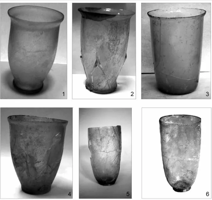 Fig. 4. 1: slim beaker with curving body. Esztergom, Balassa Bálint Múzeum; 2: slim beaker with curving body and applied trails