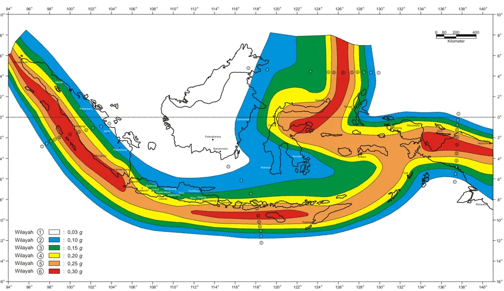 Gambar 2.3. Wilayah gempa Indonesia dengan percepatan puncak batuan dasar dengan periode ulang 500 tahun  (Sumber :  SNI 03-1726-2002 )