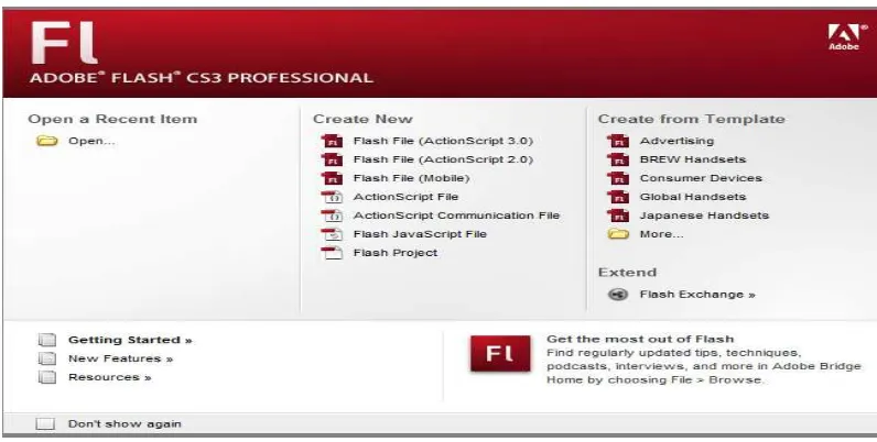 Gambar 2.1 Tampilan Halaman Awal Adobe Flash CS3 Professional 
